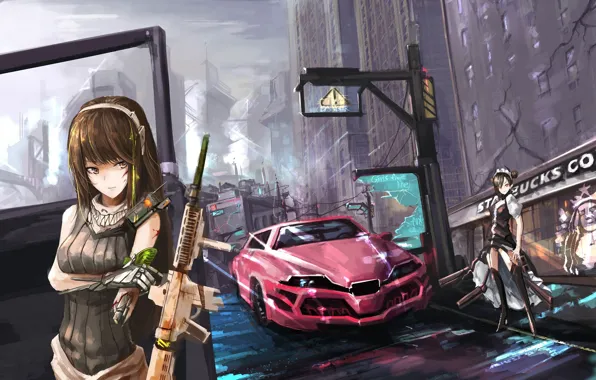 Girls, anime, art, ruins, M4A1, Agent, Girls Frontline