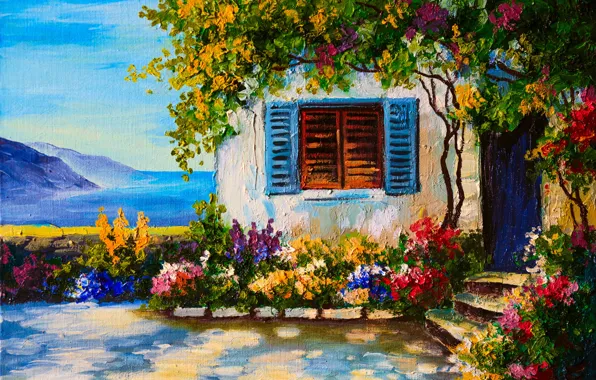 Picture flowers, house, river, window, shutters, beds, garden