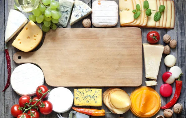 White, wine, Board, glass, cheese, grapes, pepper, tomatoes