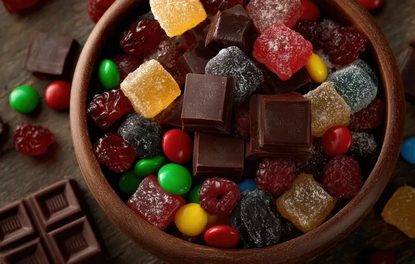Chocolate, candy, bowl, a lot, different, dessert, pills, marmalade