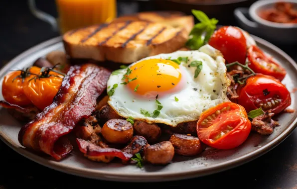 Table, sausage, food, eggs, bread, meat, scrambled eggs, vegetables