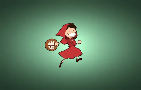 Minimalism, little red riding hood, girl, basket, happy, greenish background, red riding hood