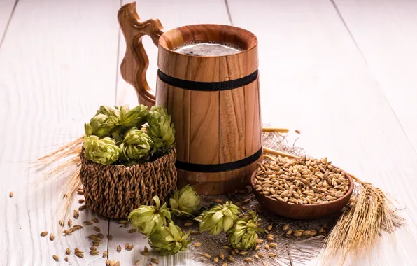 Board, beer, mug, ears, millet, grain, bokeh, hops