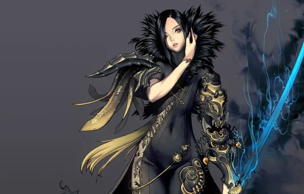 Picture girl, sword, brunette, outfit, blade and soul