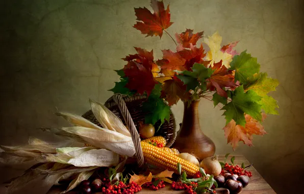 Leaves, photo, corn, vase, still life