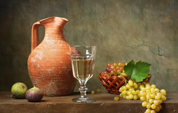 Glass, grapes, pitcher, still life, figs