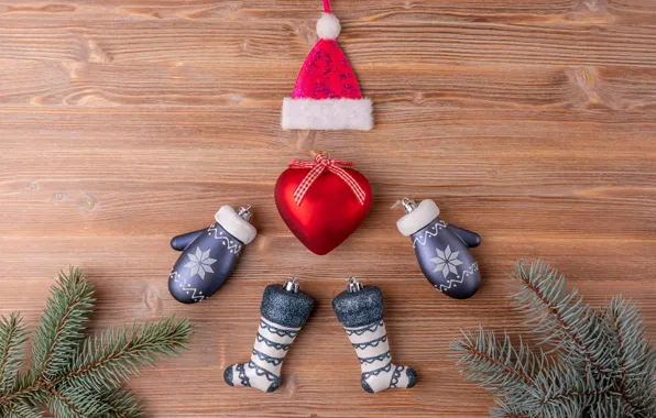 Branches, heart, Board, Christmas, New year, socks, Santa Claus, needles