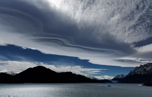 The sky, clouds, landscape, mountains, glacier, silhouettes, Iceland, pond