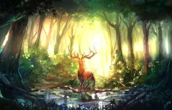 Forest, trees, nature, art, Deer