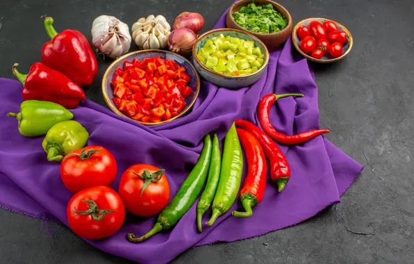 Pepper, sharp, vegetables, tomatoes, cutting, garlic
