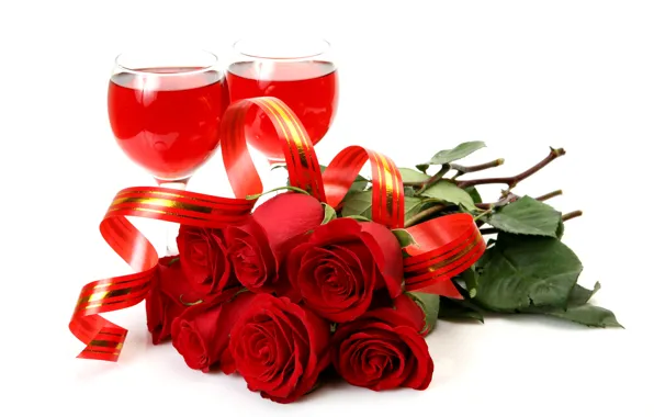 Wine, roses, glasses, tape, red, white background