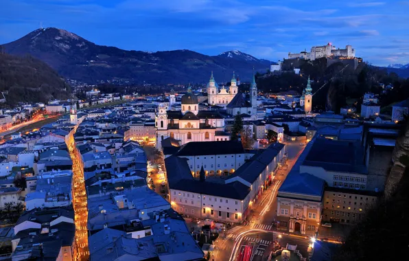 The city, lights, building, road, home, the evening, Austria, roof