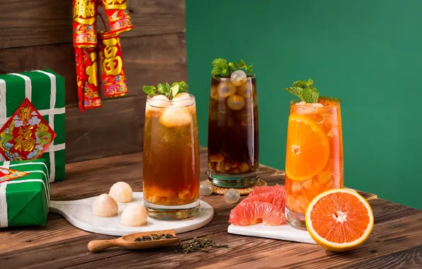 Tea, juice, glasses, mint, grapefruit, cuts