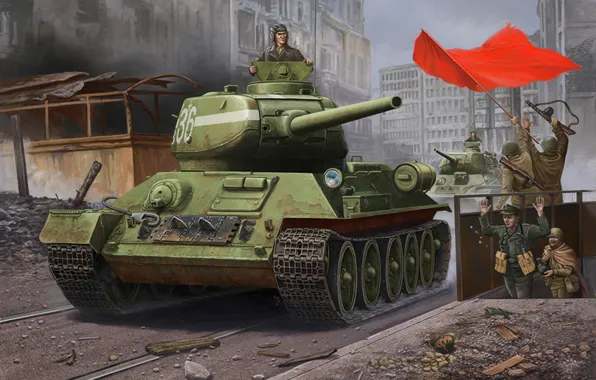 Picture war, art, painting, tank, ww2, T-34-85, berlim