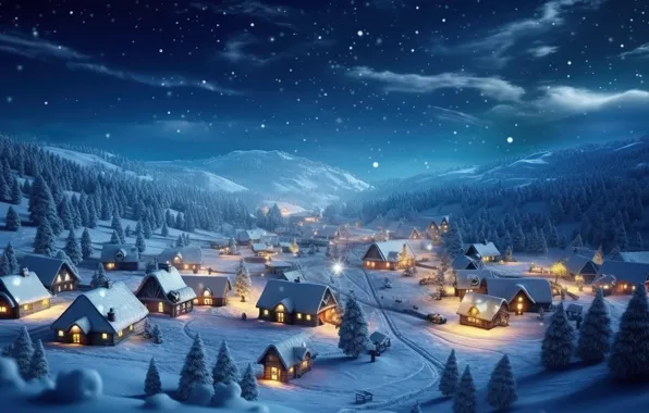 Winter, snow, night, New Year, village, Christmas, houses, house