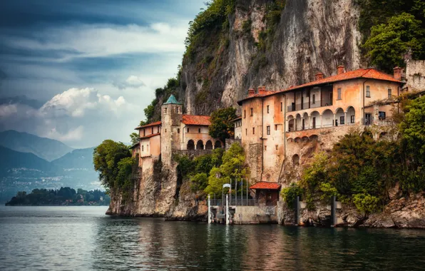 Rock, lake, Italy, the monastery, Italy, Leggiuno, Lombardy, Maggiore