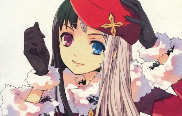 Picture smile, girl, gloves, fur, takes, art, different eyes, noizi ito