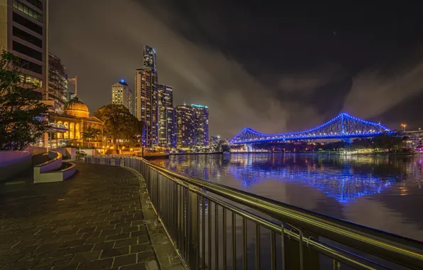 Night, lights, river, skyscrapers, Australia, megapolis, Brisbane, QLD