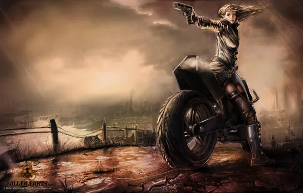 Girl, the game, motorcycle, Fallen Earth, twilight. rain