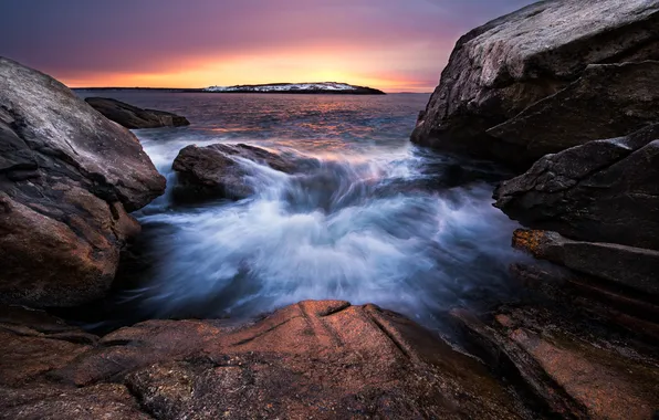 Stones, the ocean, dawn, wave, Maine, USА, Georgetown