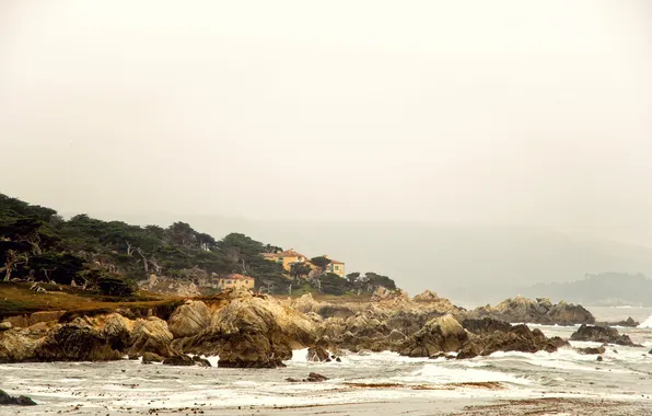 Wave, beach, water, clouds, mountains, fog, stones, the ocean