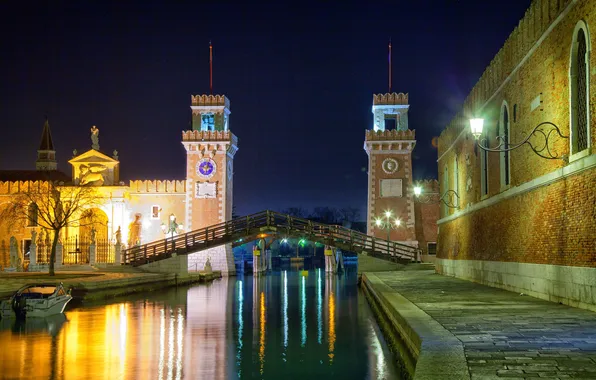 Night, bridge, lights, Venice
