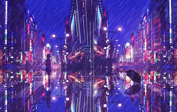 Girl, the city, rain, umbrella, halo