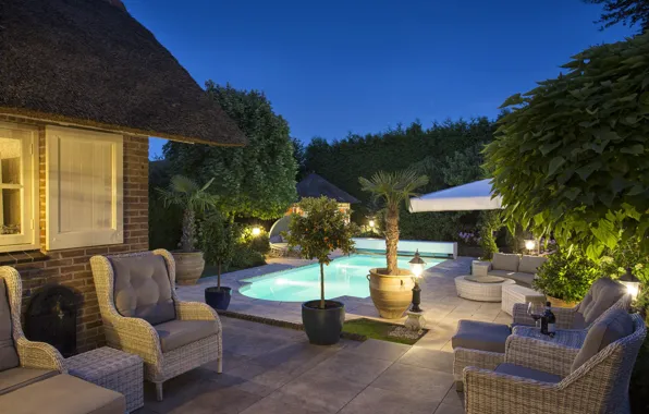 House, pool, chairs, yard