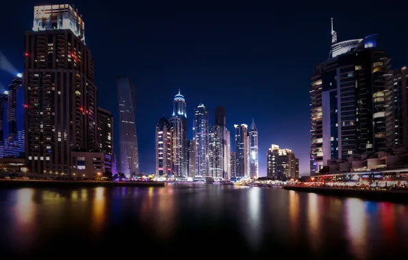 Picture reflection, night, the city, lights, Dubai, skyscrapers, UAE, UAE
