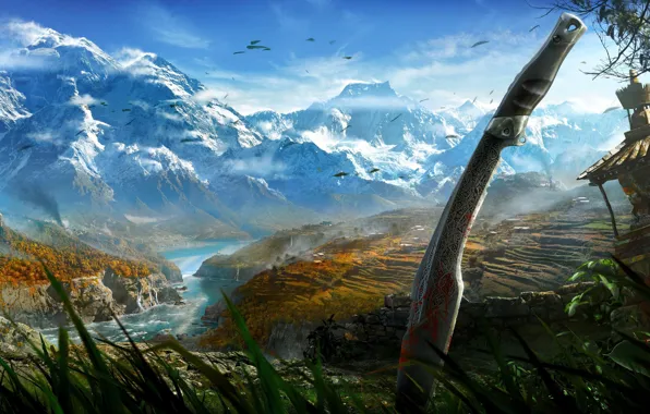 Mountains, birds, nature, sword, Far Cry 4