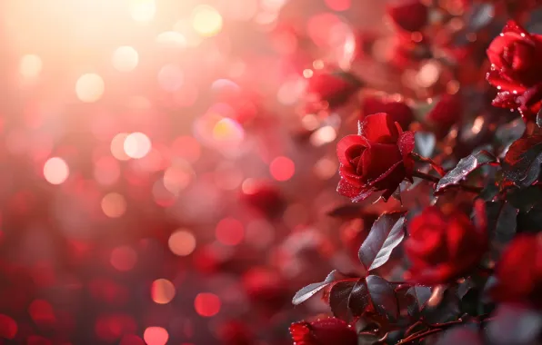 Flowers, roses, bouquet, red, bokeh, AI art