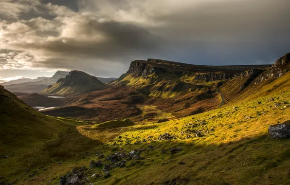 Picture the sky, grass, mountains, clouds, stones, slope