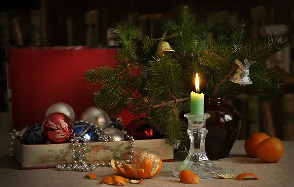 Branches, table, candle, Christmas, New year, box, beads, vase