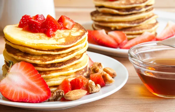 Berries, strawberry, nuts, pancakes, pancakes