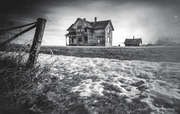 Winter, field, house
