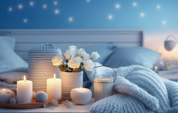 Balls, light, flowers, comfort, background, room, flame, holiday