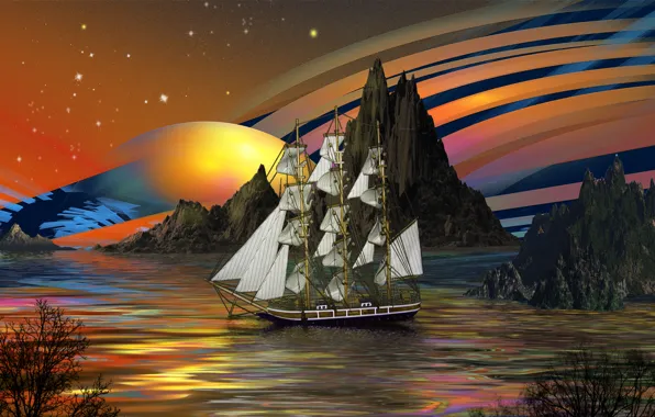 Picture sea, the sky, water, stars, trees, rocks, ship, planet