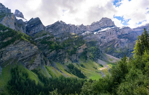 Forest, clouds, trees, mountains, rocks, Switzerland, Alps, gorge