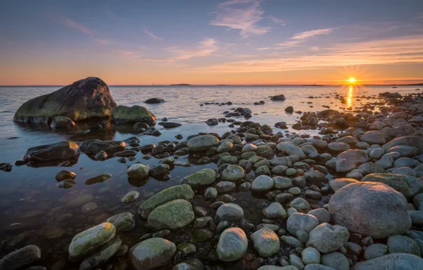 Sea, sunset, stones, coast, Sweden, Sweden