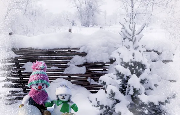 Winter, snow, nature, toy, toys, the fence, ball, Christmas