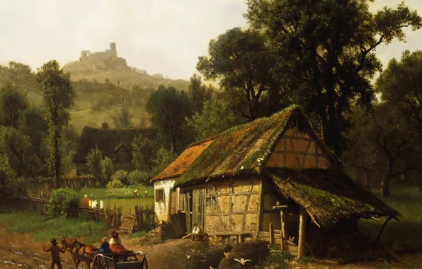 Picture landscape, house, picture, wagon, Albert Bierstadt, In The Foothills