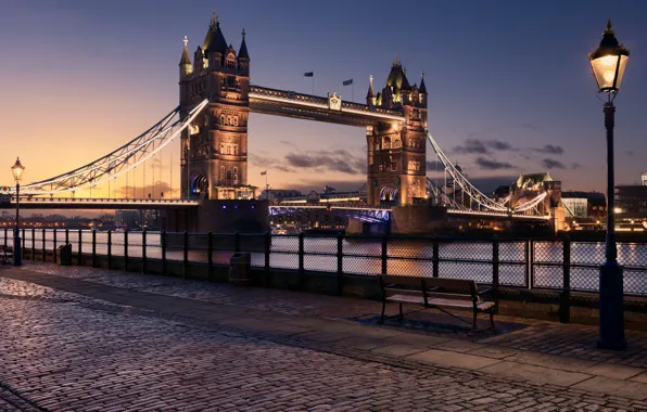 Picture the city, river, England, London, the evening, lighting, lights, UK
