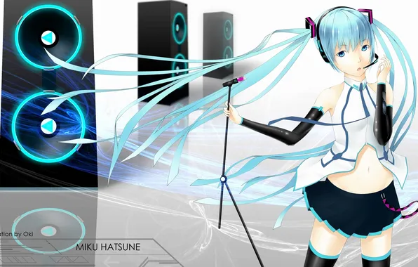 Picture look, girl, music, speakers, microphone, vocaloid, hatsune miku, Vocaloid