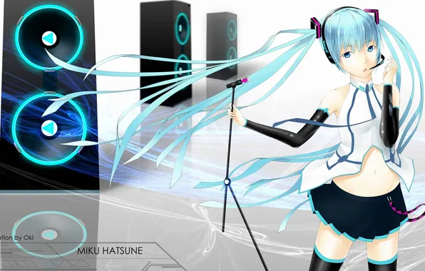 Look, girl, music, speakers, microphone, vocaloid, hatsune miku, Vocaloid