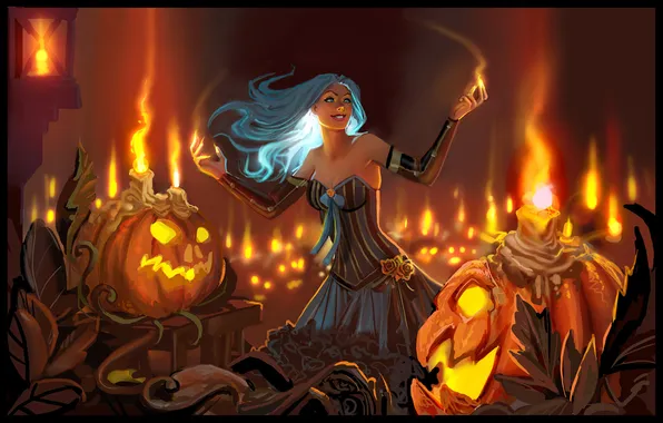Picture girl, magic, candles, pumpkin