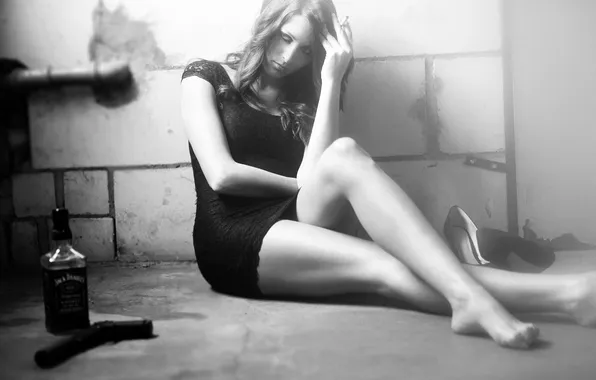 Girl, gun, legs, Jack Daniel's