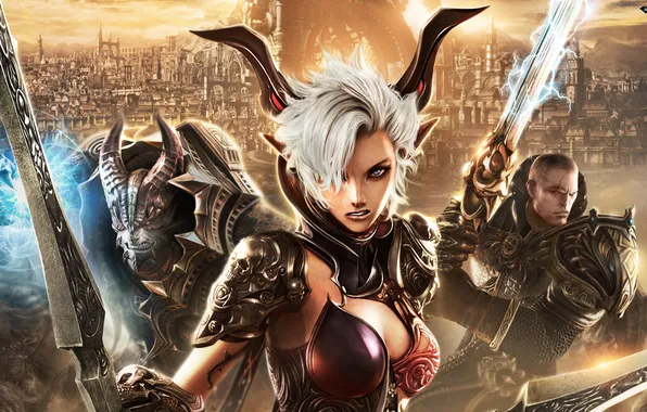 Picture the city, weapons, armor, warriors, Castanic, Human, Tera Online, Aman