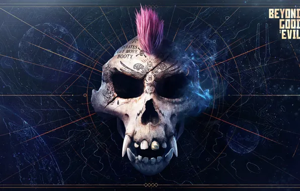 Picture monkey, tatoo, map, scull, dark background, Beyond Good & Evil 2, mohawk
