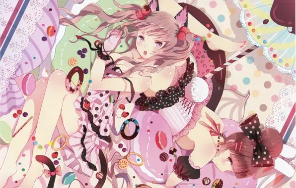 Umbrella, strawberry, sweets, corset, lace, lacing, cat ears, neko girl