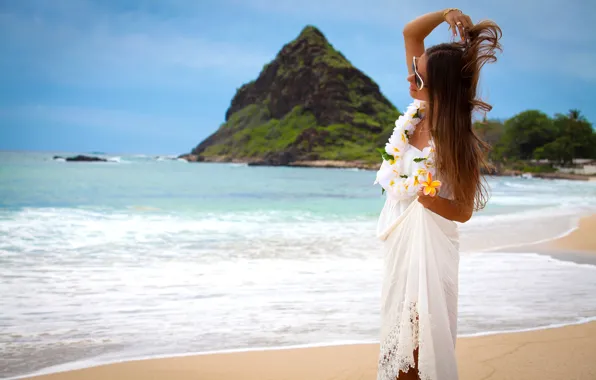 Picture sand, sea, beach, the sky, girl, the sun, decoration, landscape
